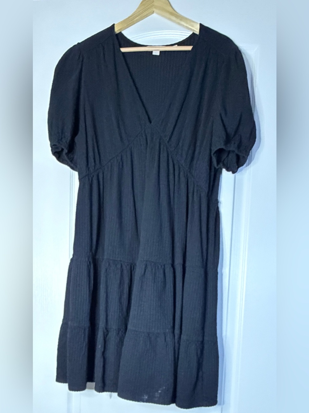 Boden Black 100% Cotton Tiered Mini Dress Puff Sleeve V Neck Relaxed US 12R